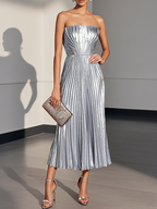 Rose Gold Pink Pleated Satin Strapless Sleeveless A-Line Midi Dress