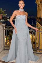 Cocoslly Strapless Sleeveless High Waist Long Mermaid Prom Dress With Rhinstone | Blue Satin YC0546