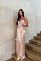 Cocoslly Spaghetti Straps Sleeveless High Waist Long Prom Dress With Tassel And Rhinstone | Champage Chiffon WQ0759
