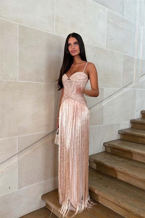 Cocoslly Spaghetti Straps Sleeveless High Waist Long Prom Dress With Tassel And Rhinstone | Champage Chiffon WQ0759