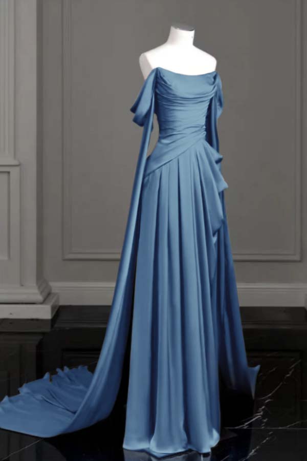 Cocoslly Off-The-Shoulder Pleated Long Prom Dress With Trailing On Both Sides | Purple Satin ZT0580