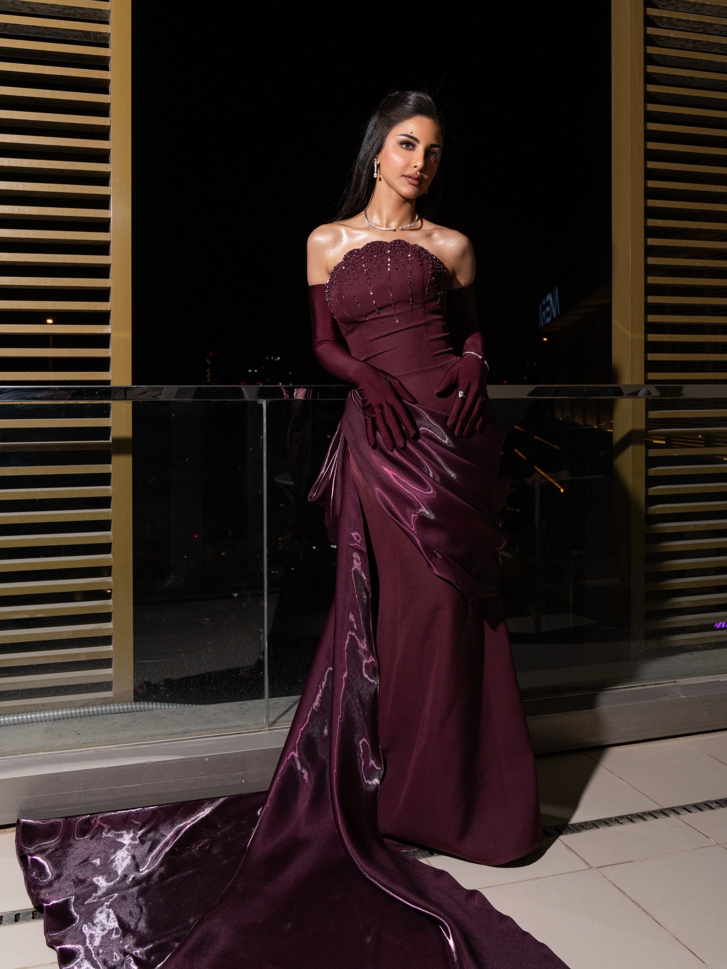 Cocoslly Strapless Sleeveless High Waist Long Prom Dress With Beading Pearls And Gloves | Regency Satin CO0045