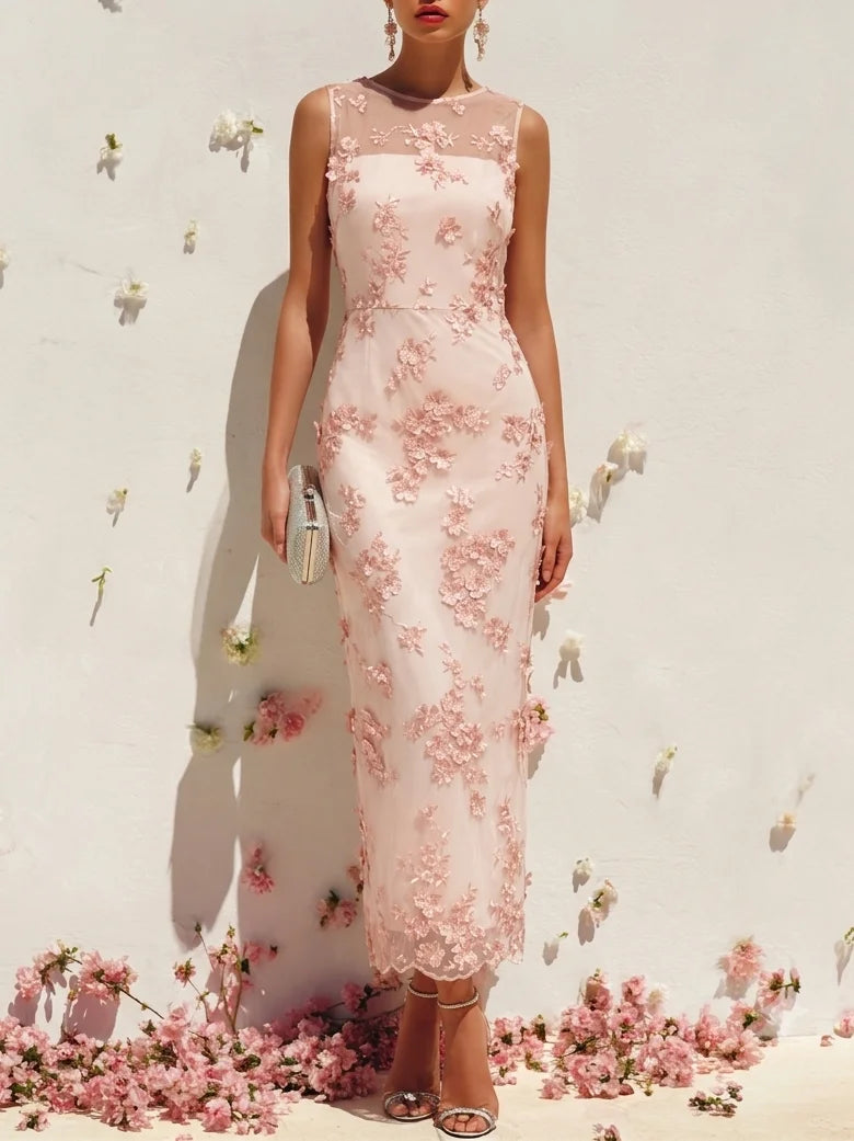 Pink Lace Embroidery Applique Crew Neck Sleeveless Sheath Maxi Dress