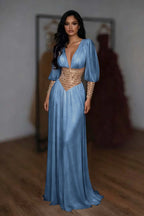 Cocoslly V-Neck Long Sleeves High Waist Long Prom Dress With Rhinstone | White Chiffon LR0373