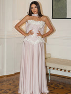 Cocoslly Strapless Sleeveless Long Prom Dress With Applique And Scarf | Ivory Satin CO0077