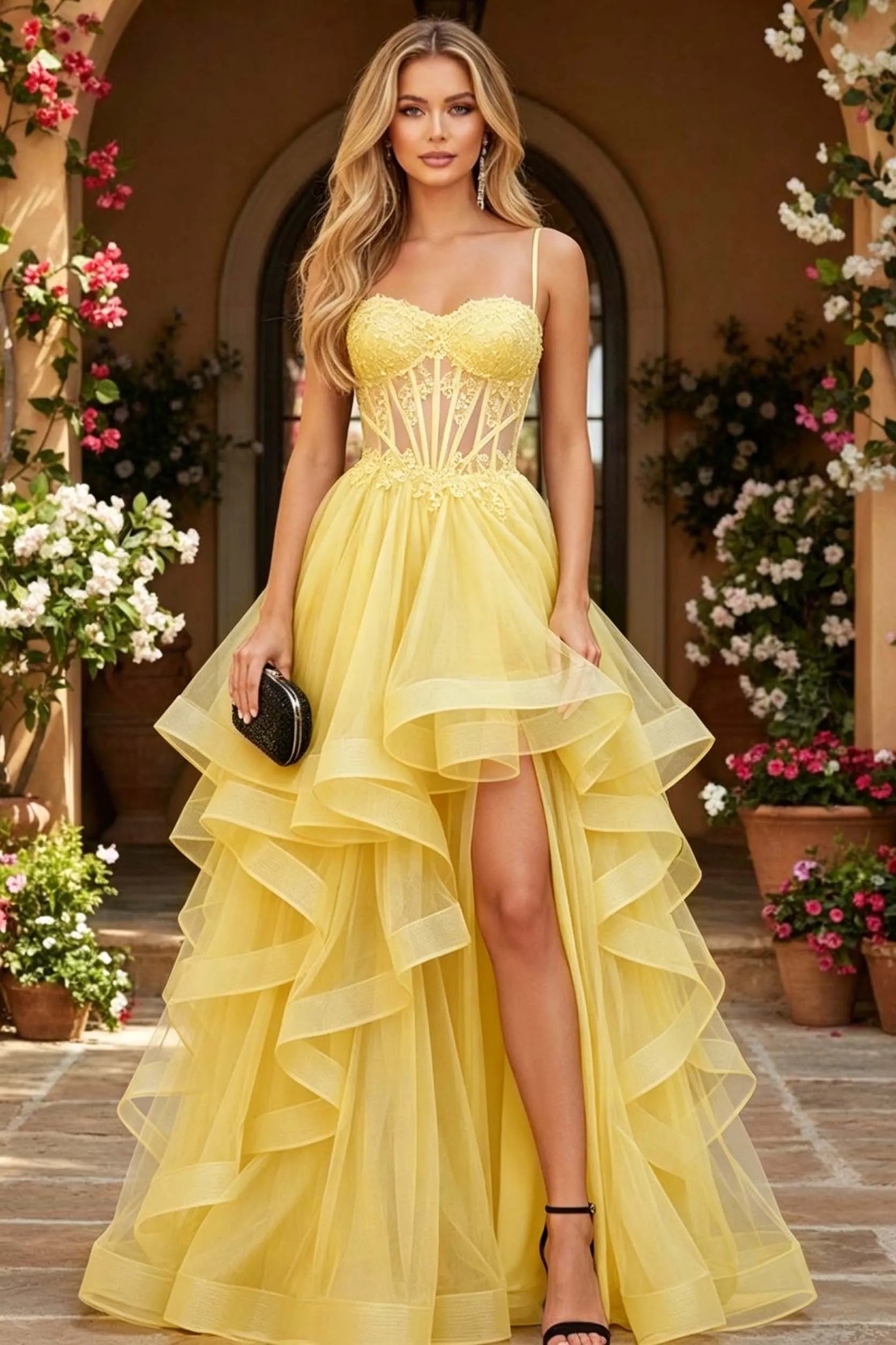 Cocoslly Spaghetti Straps Sleeveless High Waist Long Prom Dress With Beading Pearls And Split | Black Tulle LR0136