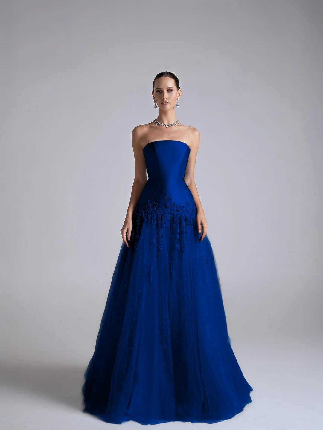 Baby Blue Satin And Tulle Strapless Sleeveless Long Pleated A-Line Prom Dress With Flower Appliqués YK0669