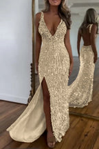 Cocoslly Spaghetti Straps V Neck Sleeveless High Neck Long Prom Dress with Split | Glod Champage  Sequins MS0489