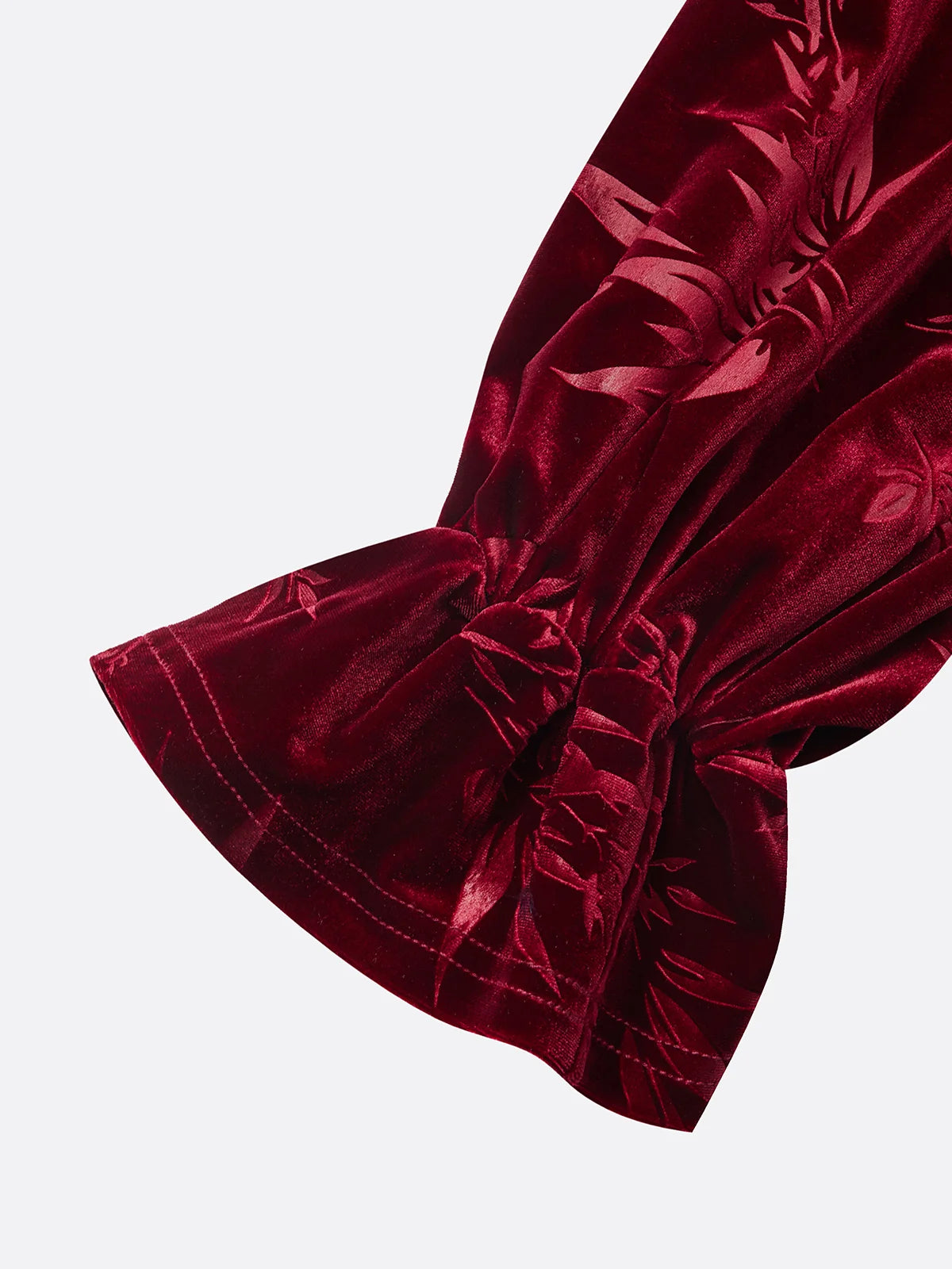 Wine Red Embossed Jacquard Velvet V Neck Long Sleeve Bell Sleeve Mermaid Maxi Dress