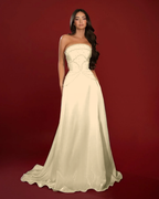 Satin Strapless Sleeveless High-Waisted Long A-Line Prom Dress With Beadings YK0662