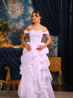 Tulle Strapless Off-The-Shoulder Sleeveless Long Pleated A-Line Prom Dress With Beadings And Rhinstone YK0769