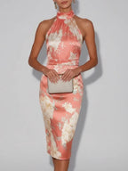 Pink Floral Satin Halter Neck Sleeveless Sheath Midi Dress