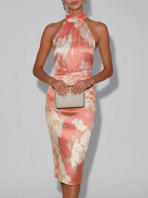 Brown Floral Satin Halter Sleeveless Sheath Midi Dress