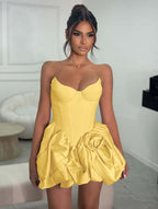 Cocoslly Strapless Sleeveless Short A-Line Pleated Prom Dress With Ruffles And Flower | Light Champage Satin ZA0278