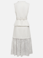 Women White Buckle Lace Crew Neck Tweed Sleeveless Dressy Top With Skirt Two-Piece Set