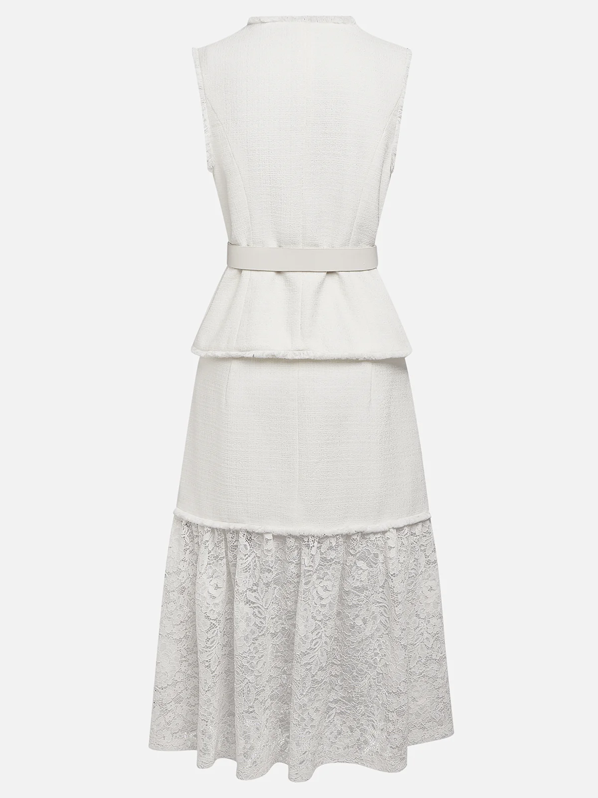 Women White Buckle Lace Crew Neck Tweed Sleeveless Dressy Top With Skirt Two-Piece Set