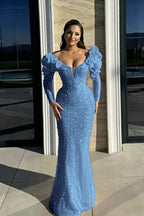 Cocoslly Strapless Long Sleeves High Waist Long Mermaid Prom Dress With Rhinstone And Flowers | Red Sequins WQ0744