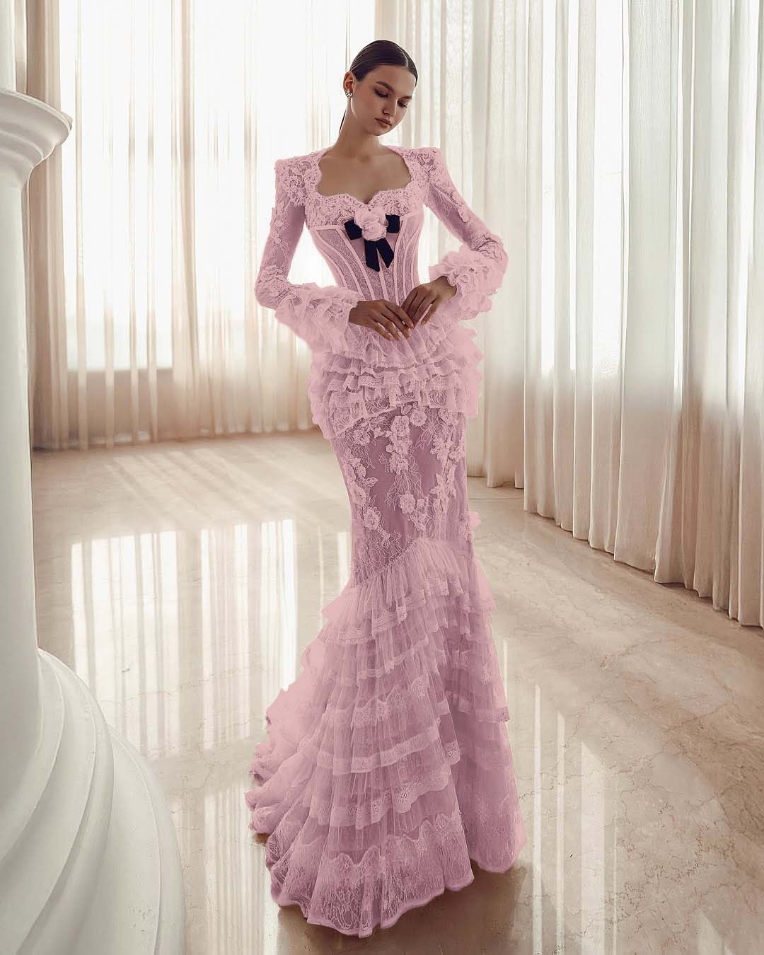 Long Sleeves Sweetheart Long Mermaid Prom Dress With Lace Appliques YK0181