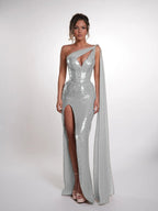 Cocoslly One Shoulder Sleeveless High Waist Long Prom Dress With Deep Split | Nude Sequins JZ0150