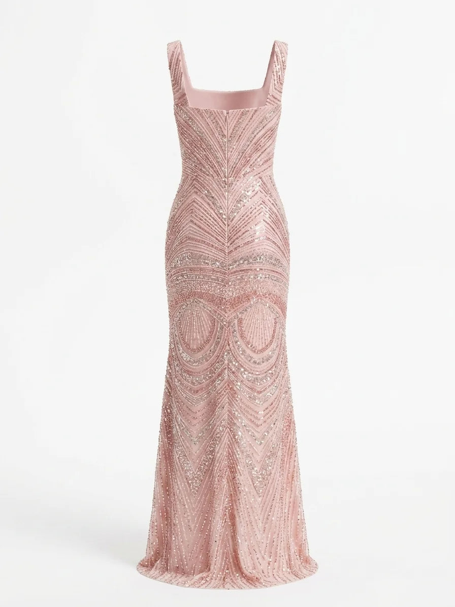 Light Pink Sequin Square Neck Sleeveless Mermaid Floor-length Gown Dress
