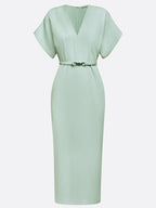 Light Green Slit Classic V Neck Cap Sleeve Dolman Sleeve Sheath Midi Dress