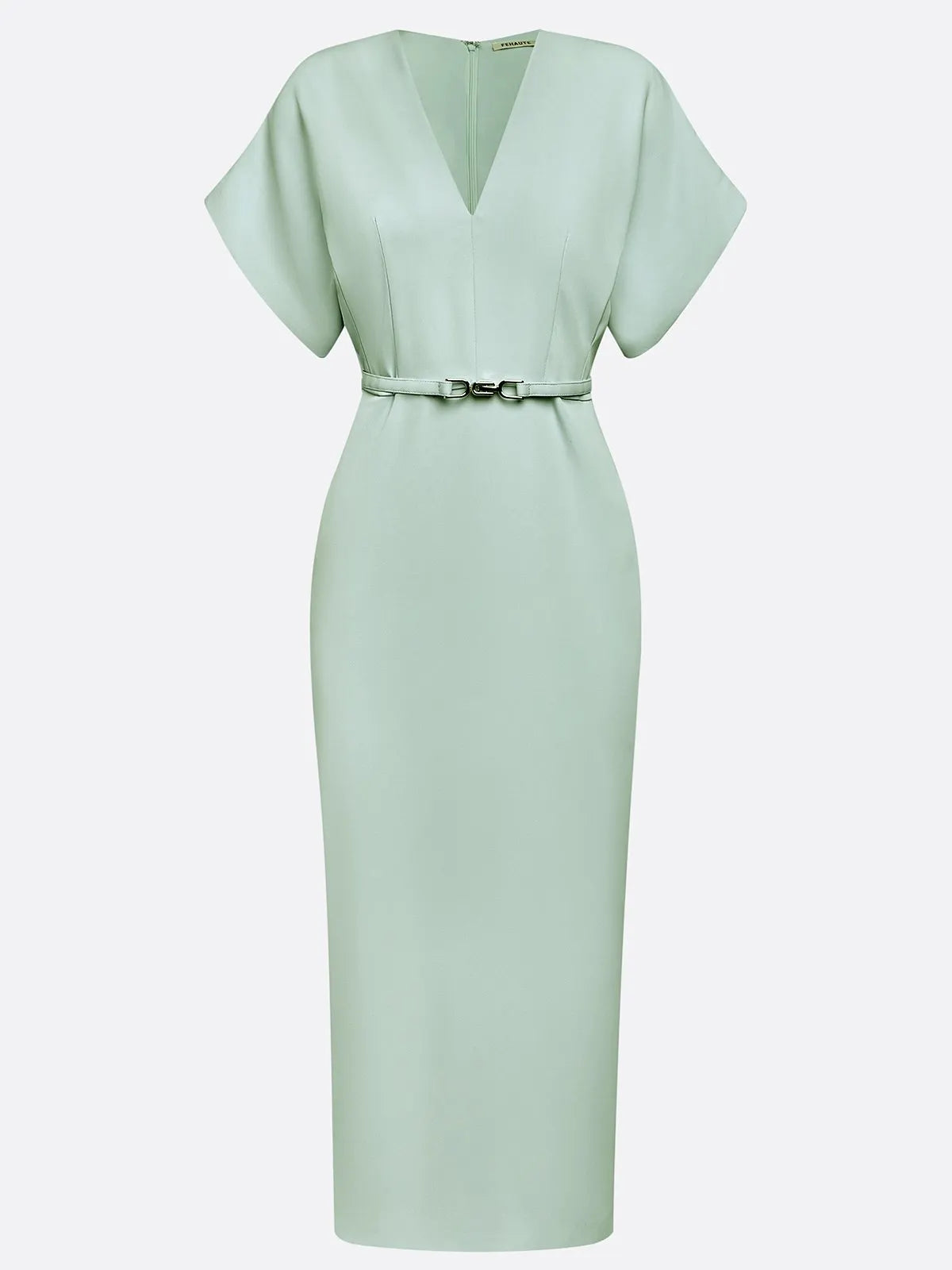 Light Green Slit Classic V Neck Cap Sleeve Dolman Sleeve Sheath Midi Dress