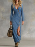 V-neck Single-breasted Side-slit Denim Long-sleeved Maxi Dress