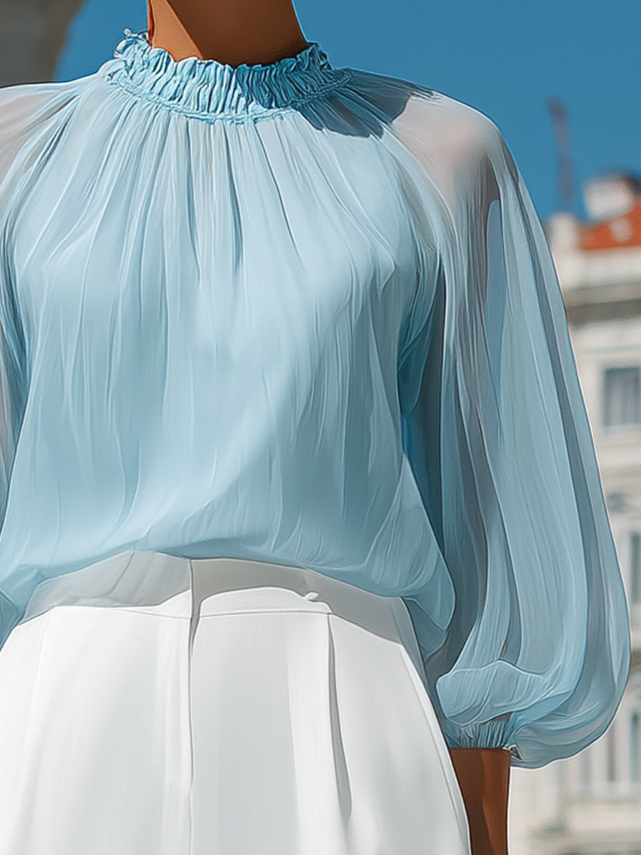 Sheer Pleated High-Neck Blouson Sleeve Blouse