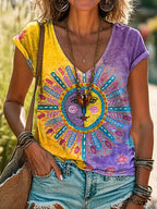 Women's Hippie Sun Pattern Color Block V-neck Short Sleeve T-shirt