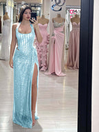 Sequins Halter Sleeveless Long Mermaid Prom Dress With Split YK0358