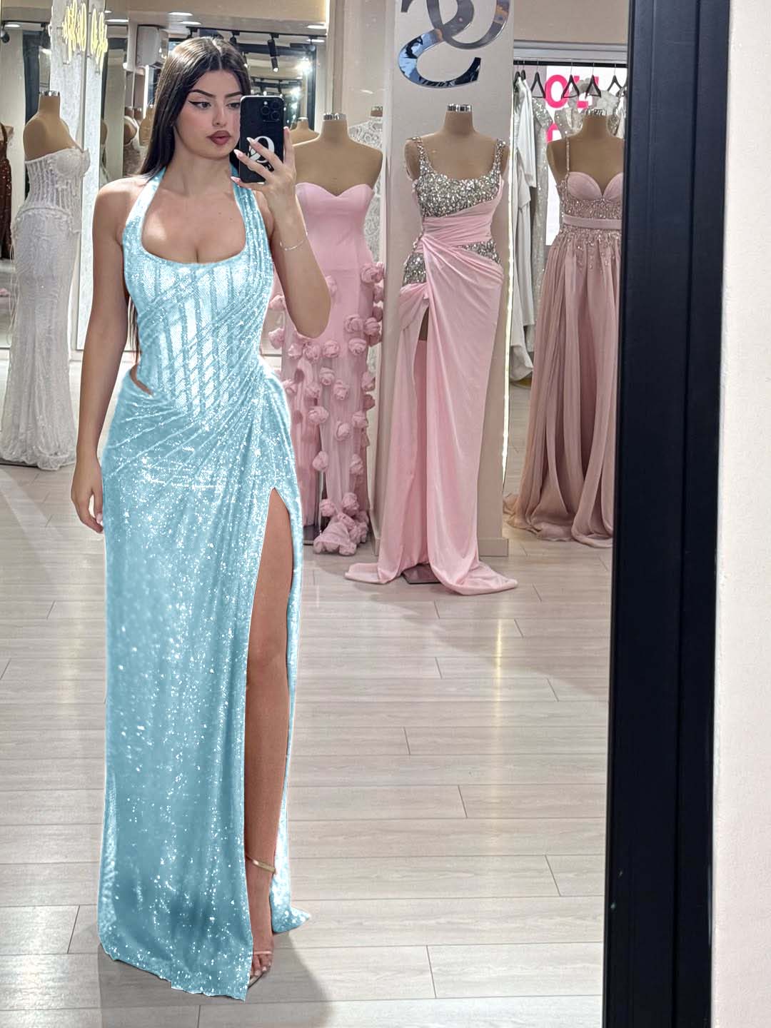 Sequins Halter Sleeveless Long Mermaid Prom Dress With Split YK0358