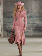 Lapel Collar Zip-up Side-slit Embroidered Faux Suede Long-sleeved Midi Dress