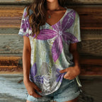 Ethnicity Flowers Patchwork Women's V-neck Print Casual T-shirt