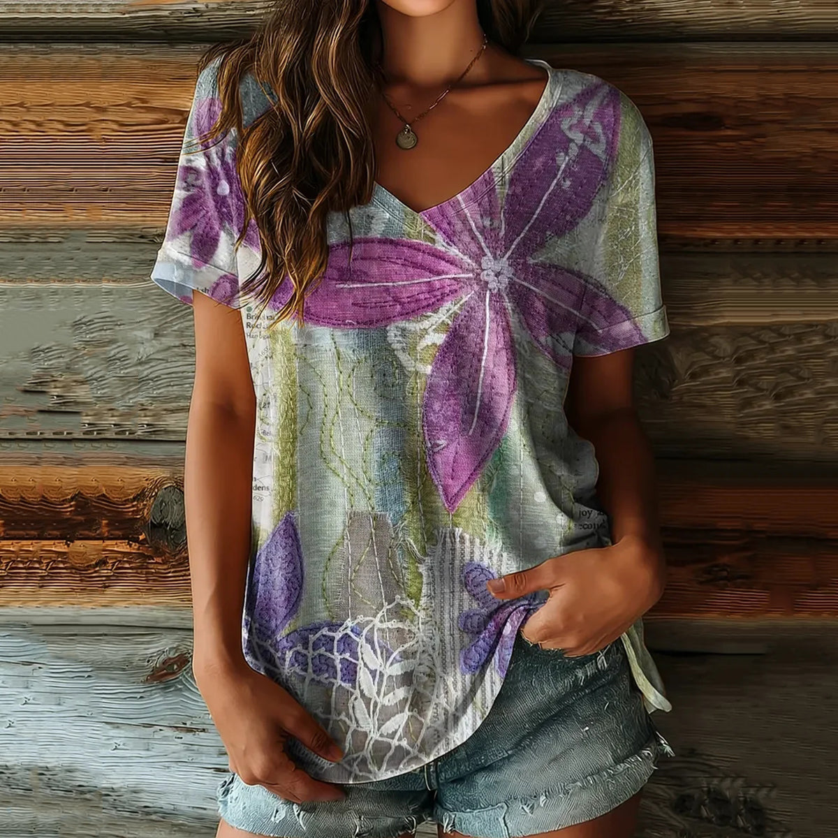 Ethnicity Flowers Patchwork Women's V-neck Print Casual T-shirt