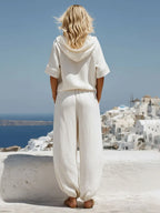 Vacation Retro White Cotton Linen Short-Sleeve Hooded Top And Balloon Pants Set