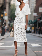 White Rayon Hollow Out Plaid Classic V Neck Short Sleeve Sheath Midi Dress