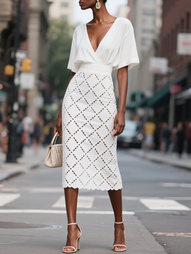 White Rayon Hollow Out Plaid Classic V Neck Short Sleeve Sheath Midi Dress