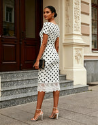 White Polka Dots Lace Classic V Neck Short Sleeve Sheath Midi Dress