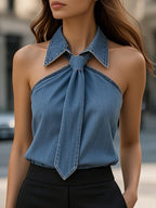 Stylish Sleeveless Halter Blouse with Neck Tie Detail
