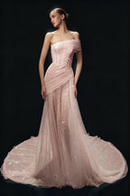 Cocoslly One Shoulder Sleeveless High Waist Long Prom Dress With Sequins | White Tulle YC0569