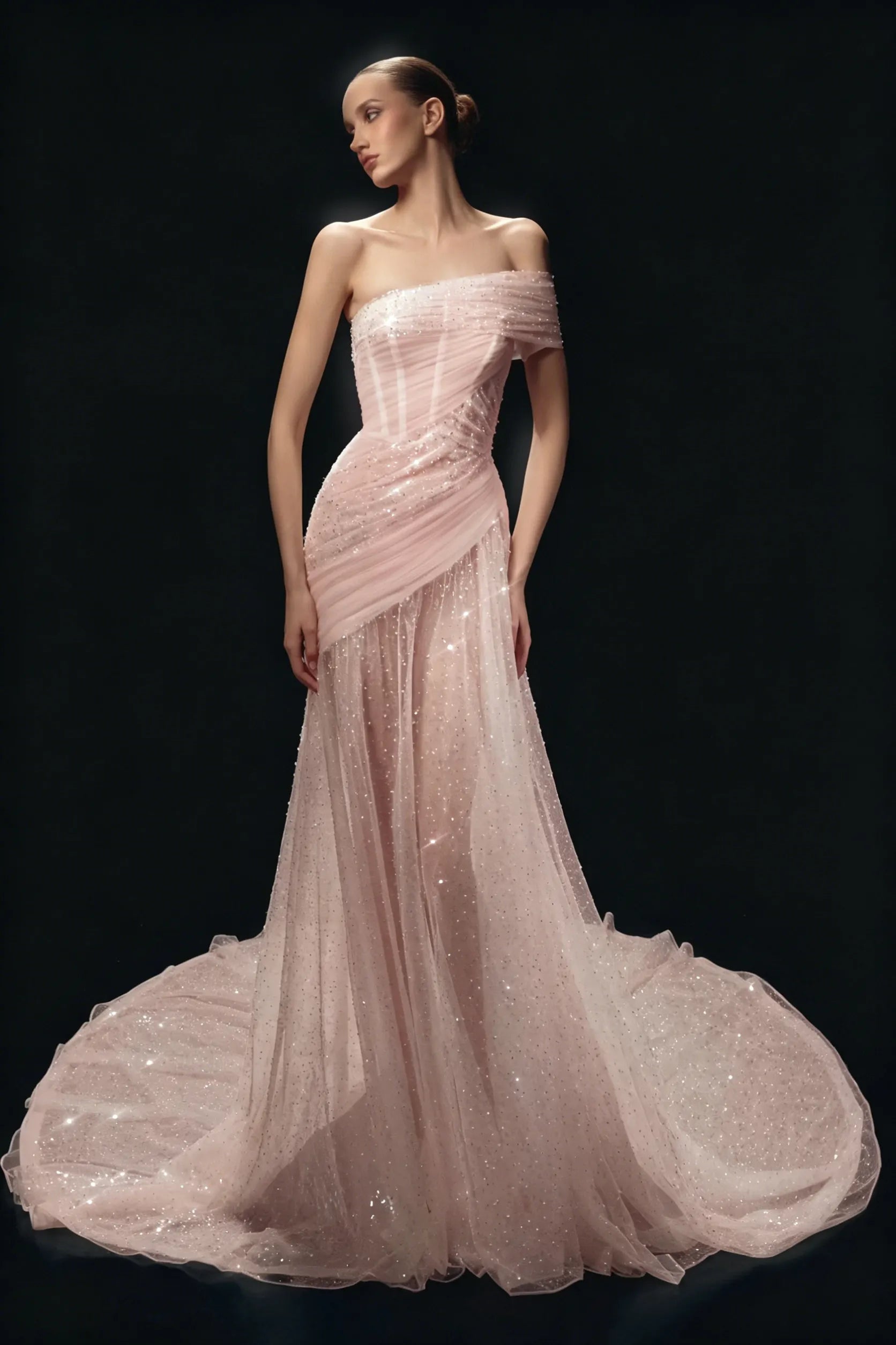 Cocoslly One Shoulder Sleeveless High Waist Long Prom Dress With Sequins | White Tulle YC0569