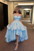 Cocoslly Off-The-Shoulder Sleeveless High Waist Long Prom Dress With Ruffles | Baby Blue Satin ZT0725