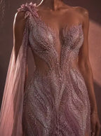 Cocoslly One Shoulder Sleeveless High Waist Long Split Prom Dress With Beading Pearls | Dusty Rose Tulle LX0088