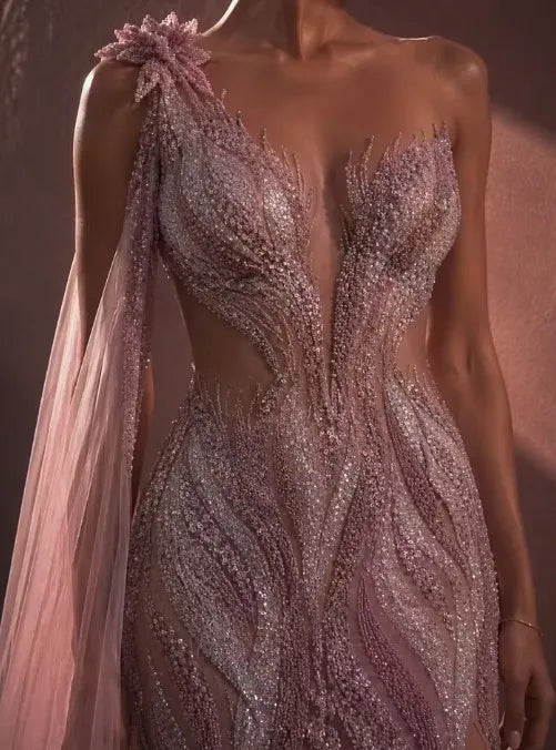 Cocoslly One Shoulder Sleeveless High Waist Long Split Prom Dress With Beading Pearls | Dusty Rose Tulle LX0088