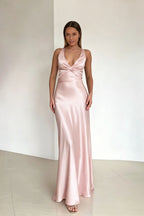 Cocoslly Halter V-Neck Sleeveless High Waist Long Prom Dress | Royal Blue Satin ZT0693