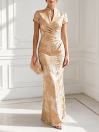 Light Blue Jacquard Classic V Neck Short Sleeve Mermaid Floor-length Gown Dress