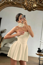 Cocoslly Strapless Sleeveless High Waist Short Prom Dress With Flower | Red Satin ZT0783