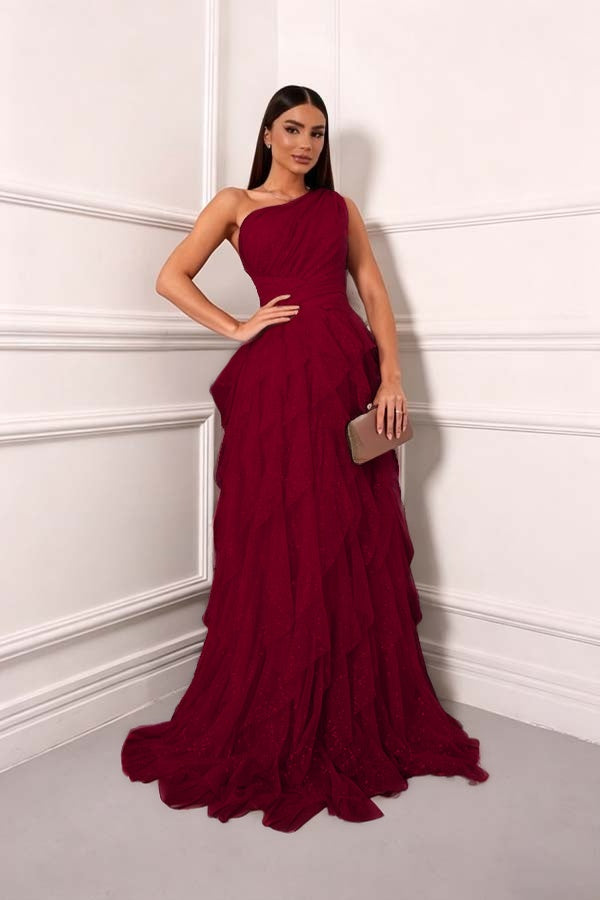 Cocoslly One Shoudler Sleeveless High Waist Long Prom Dress With Ruffles | Forest Green Tulle ZT0560