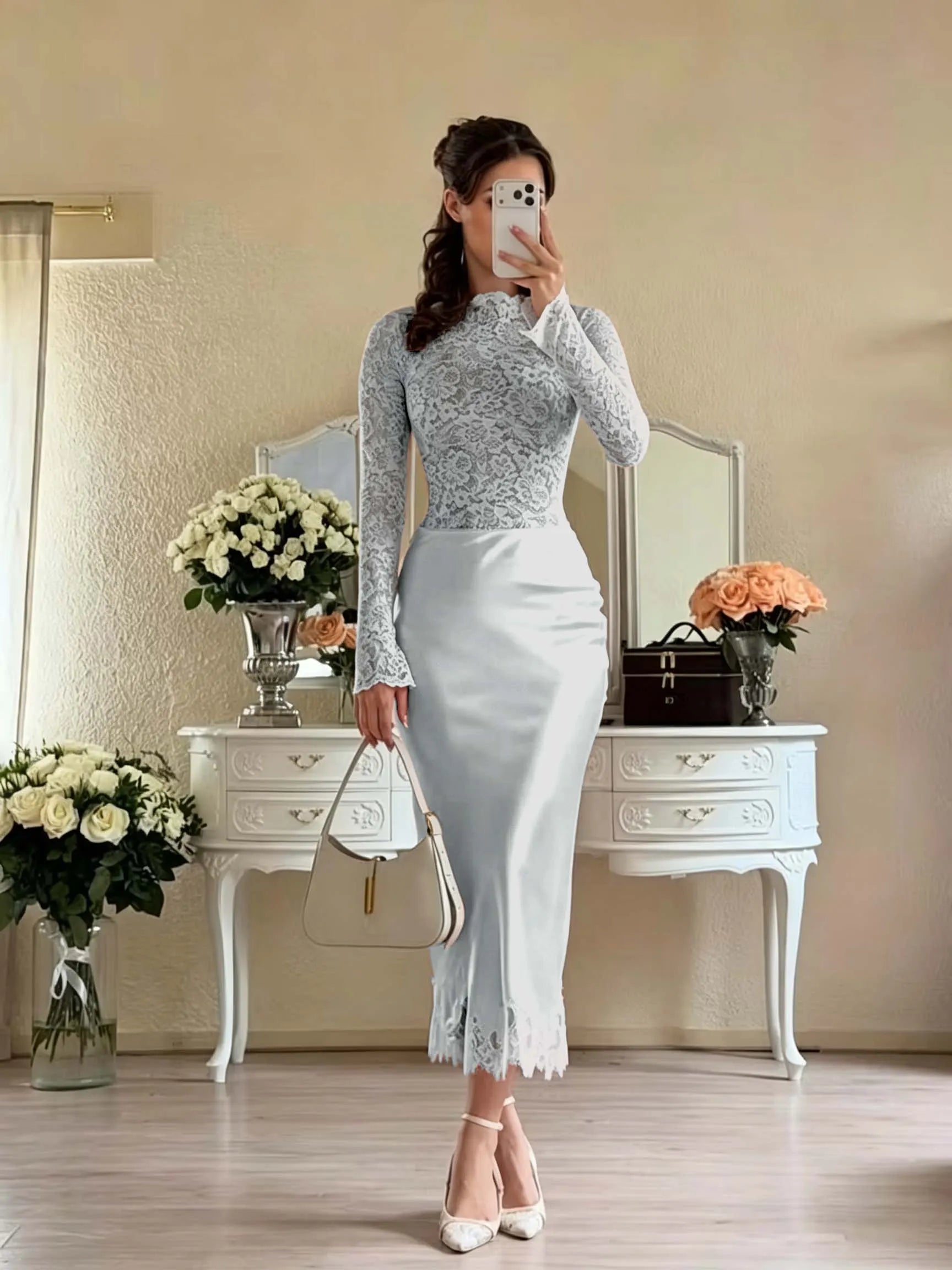 Cocoslly Long Sleeves High Waist Long Mermaid Prom Dress | White Lace And Satin JZ0165