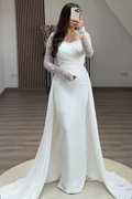 Square Neck Long Sleeves High Waist Long Pleated Mermaid Prom Dress With Beadings And Ruffles YS0057